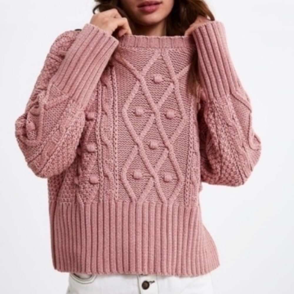 🪅Zara Pink Cable Knit Cotton Oversize Crewneck Sweater Small - Picture 2 of 9